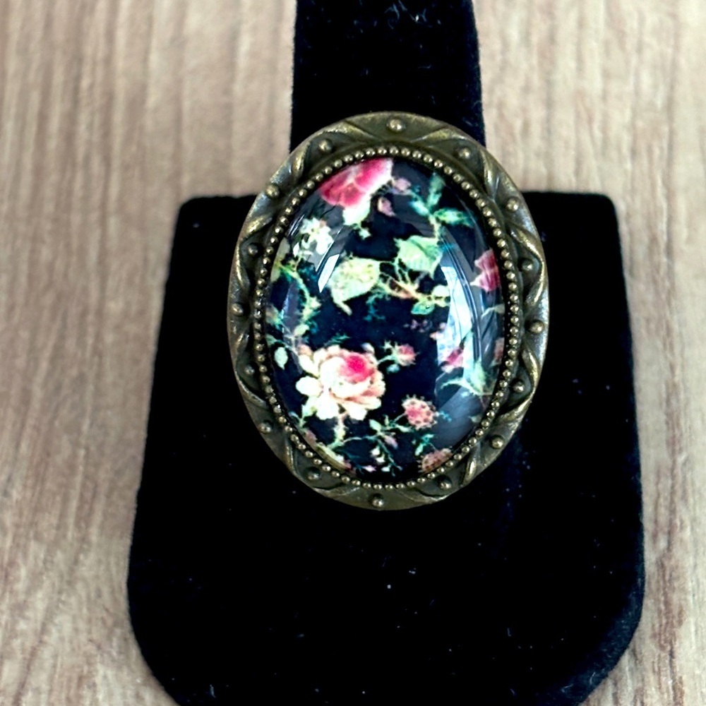 Dark Floral Adjustable Ring, NWT, Handmade, Victorian